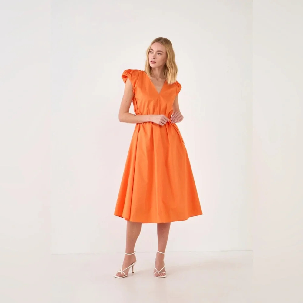 English Factory Puff Sleeve Orange Midi Length Dress